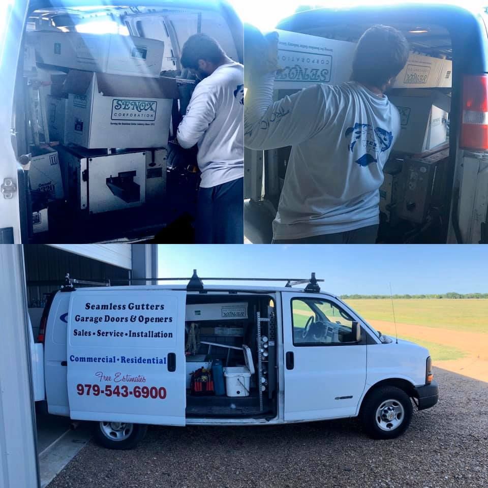 Man loading boxes into a white van with business logo; van parked outside.