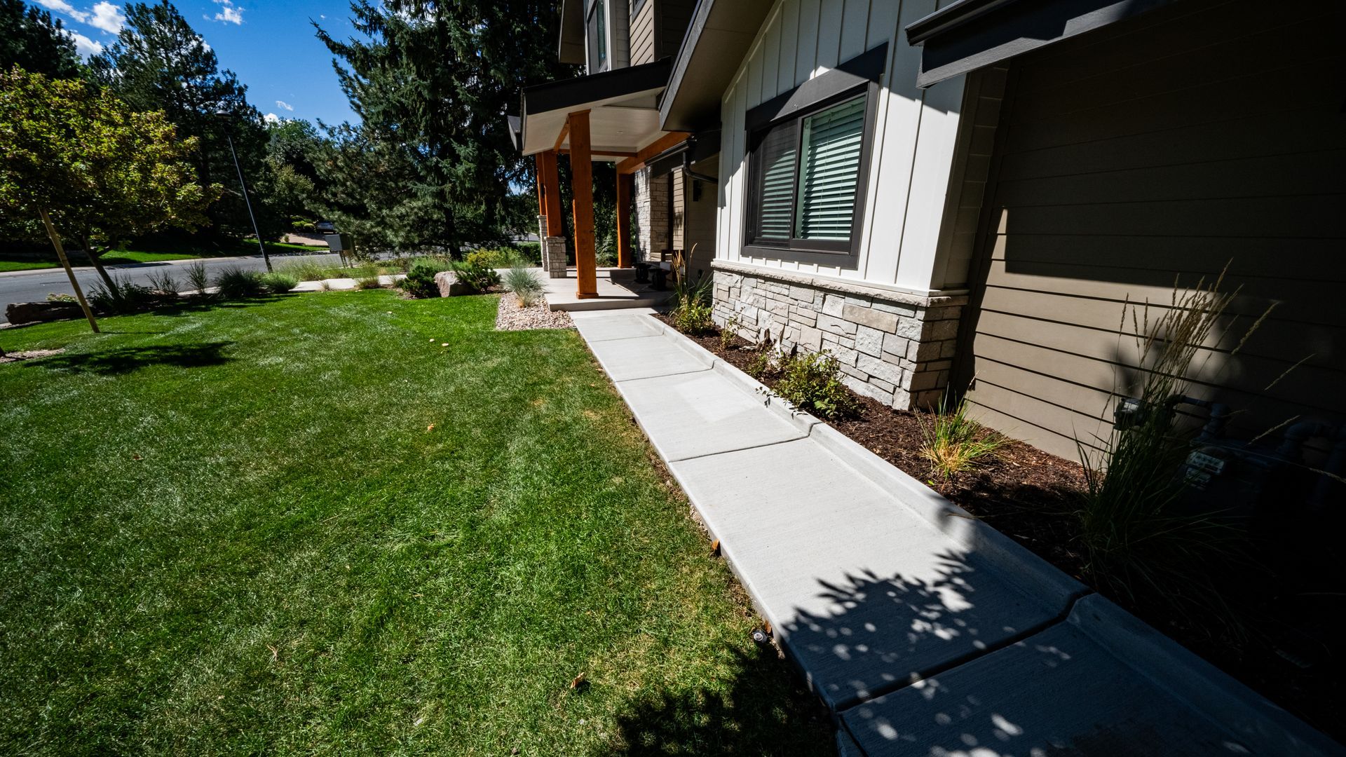 Curving concrete pathway in a garden, edged with green bushes and grass, with trees in the background.