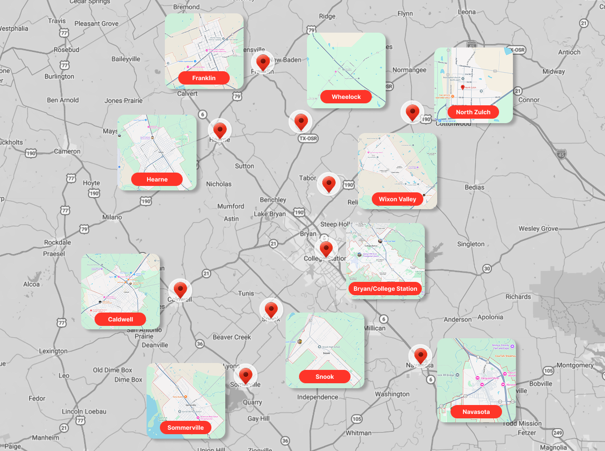 Map with nine location pins and associated map previews.