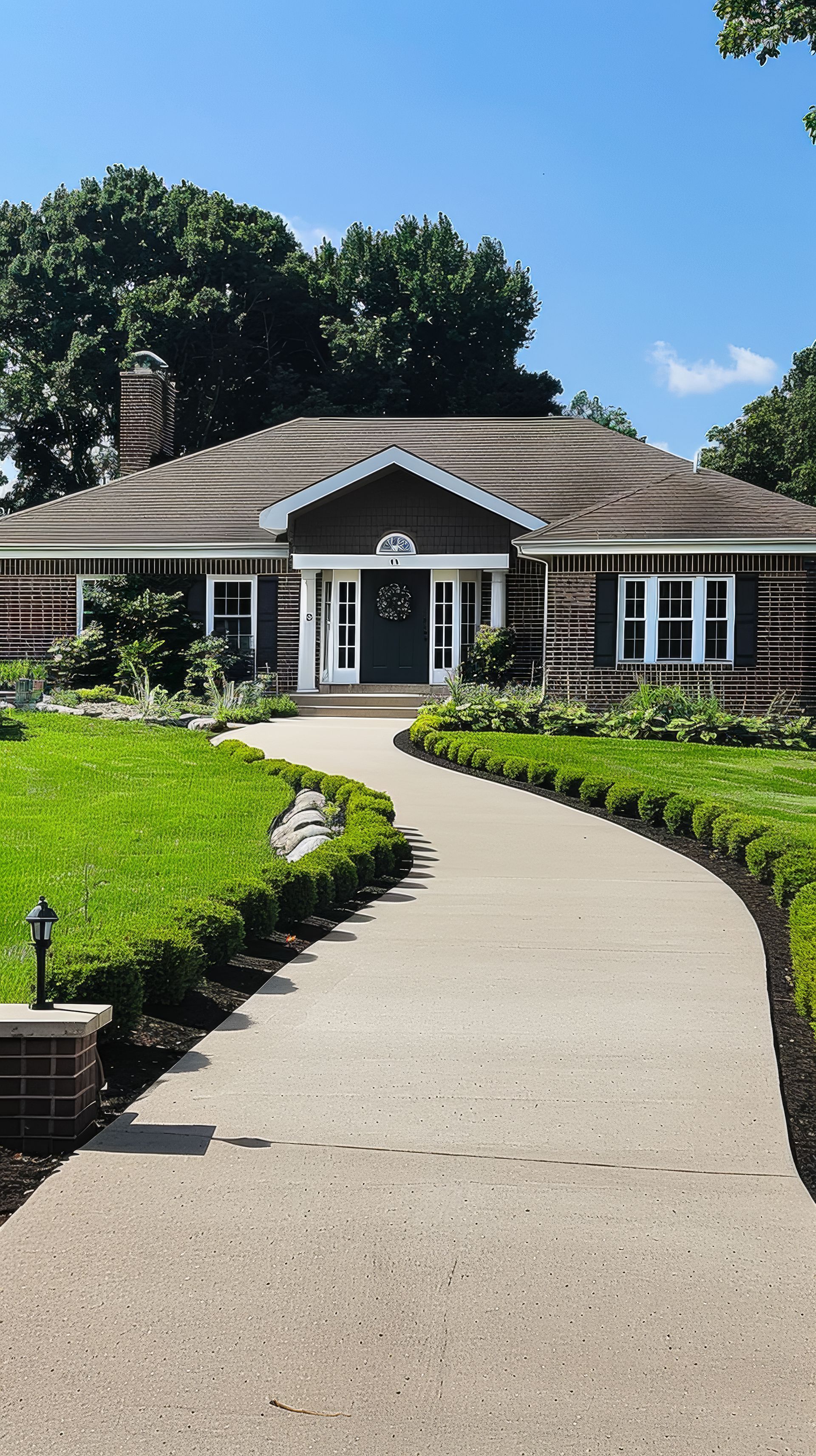 Stone path leading to a one-story house with dark siding and a thatched roof, surrounded by green grass and blue sky.
