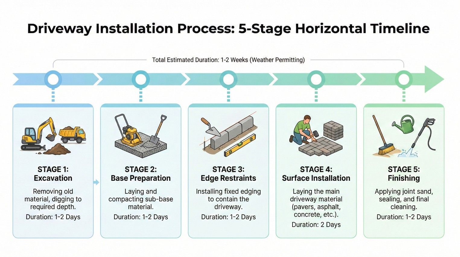 Step-by-step timeline showing the driveway installation process from excavation to completion