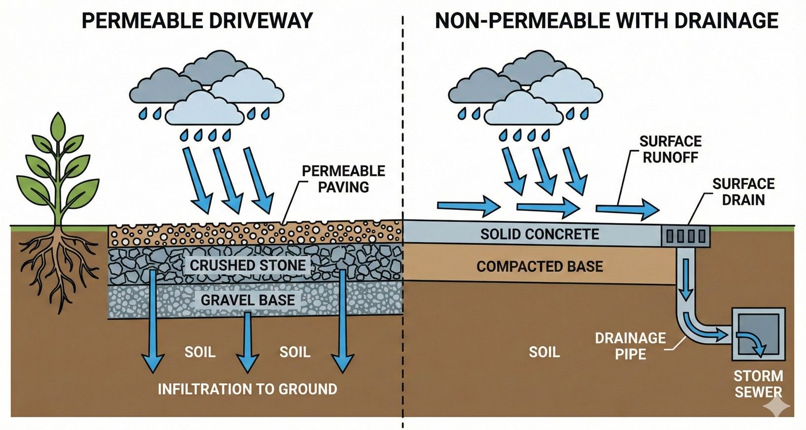 Diagram illustrating the difference between permeable and non-permeable driveway drainage systems