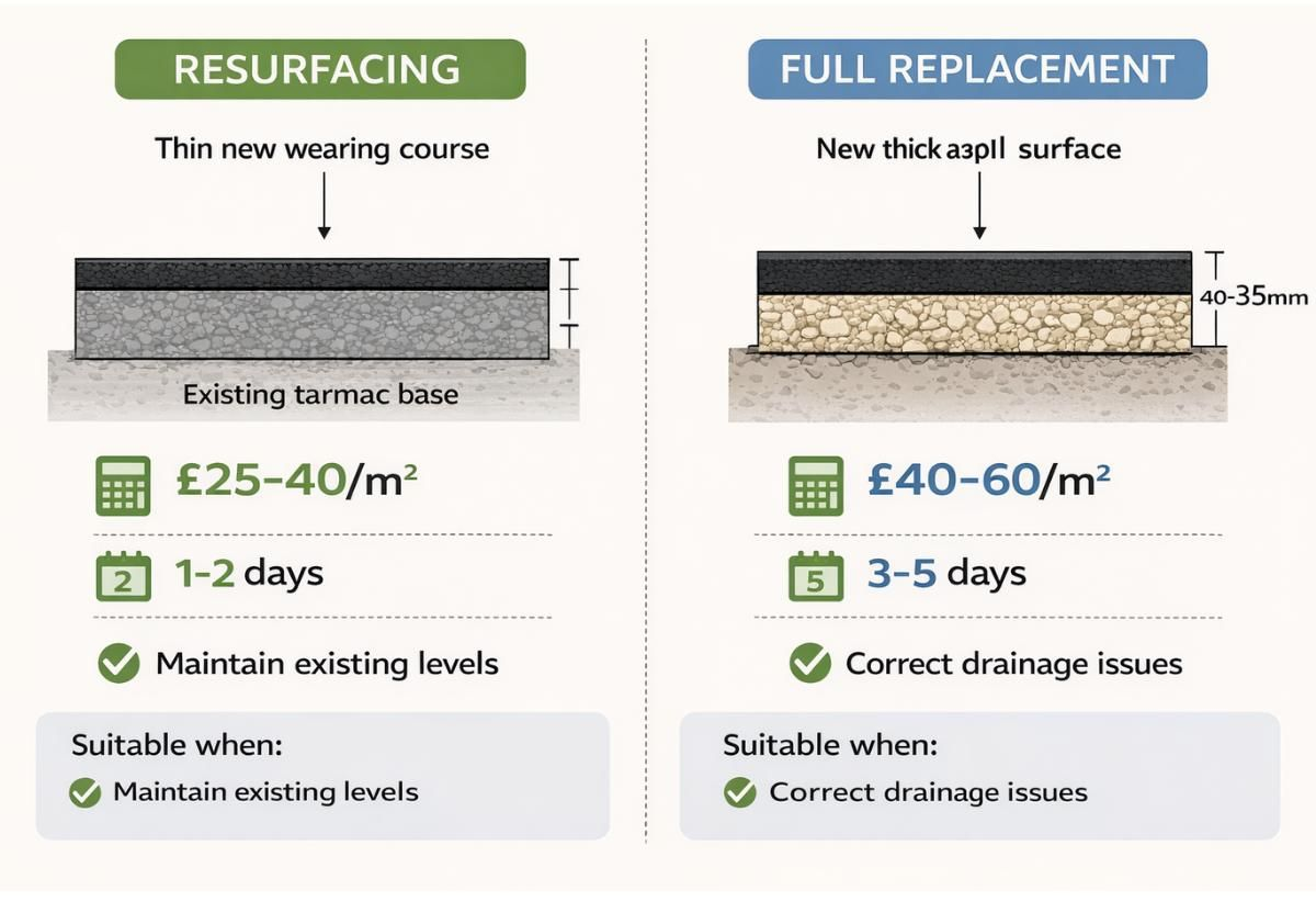 Comparison diagram showing the difference between tarmac resurfacing and full replacement including cost, time, and suitable applications