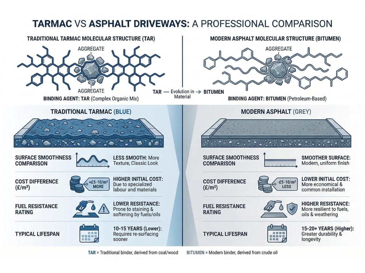 Infographic comparing traditional tarmac and modern asphalt driveways, showing differences in binding agents, durability, and cost in Coventry