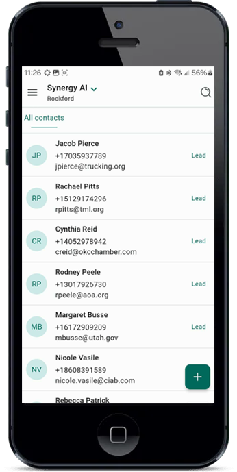 A cell phone with a list of contacts on the screen.