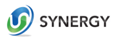 The synergy logo has a blue and green circle in the middle.