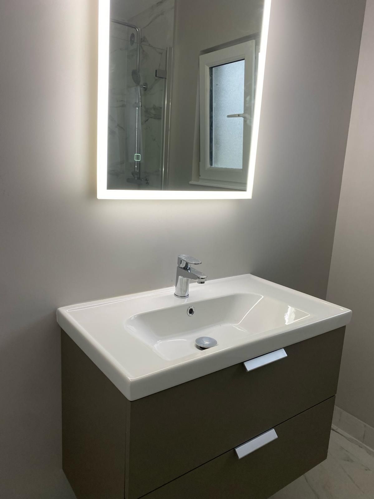 a bathroom sink with a mirror above it .