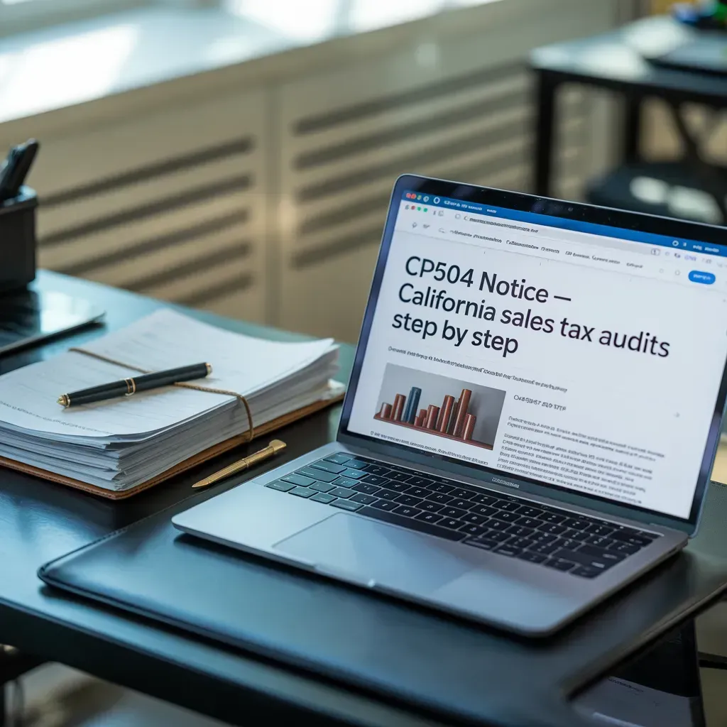 Laptop displaying sales tax audit information next to stack of papers, pen.