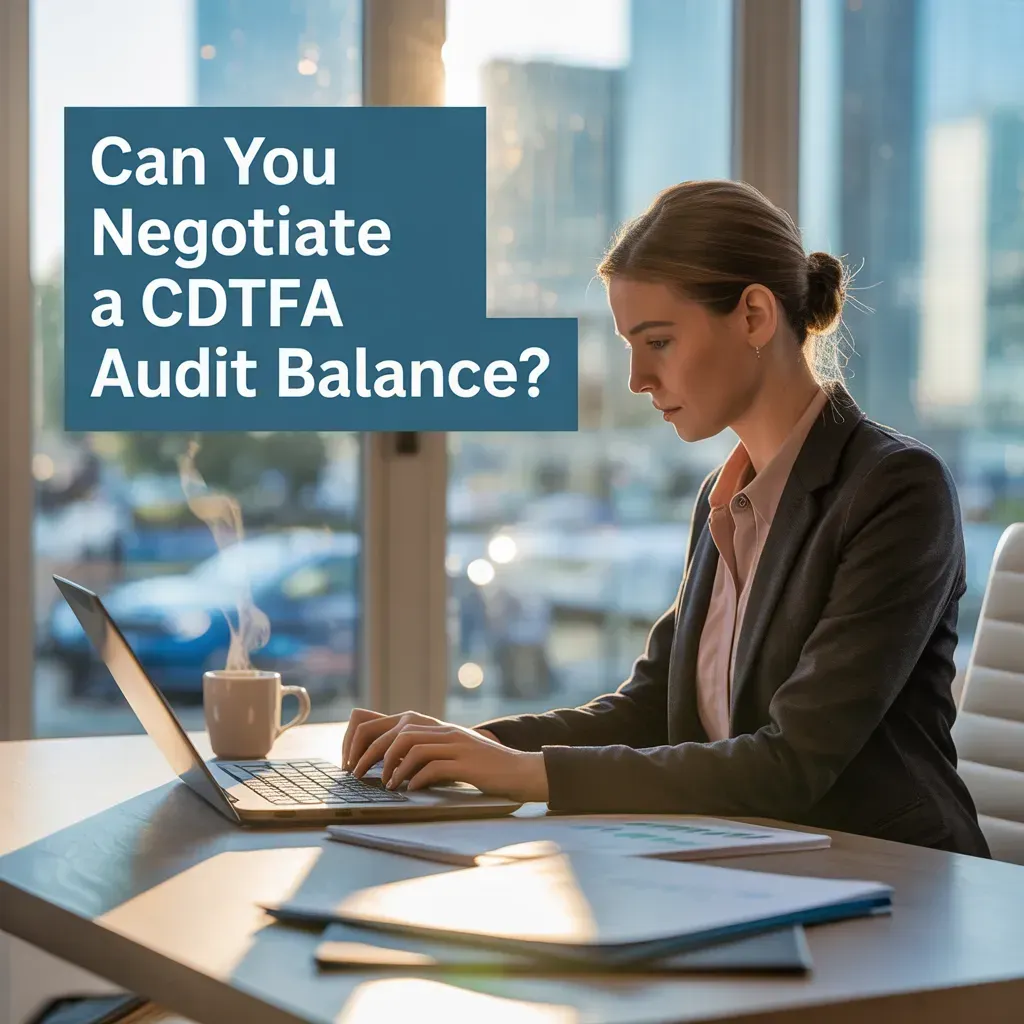 Woman working on laptop, text overlay: Can You Negotiate a CDTFA Audit Balance?