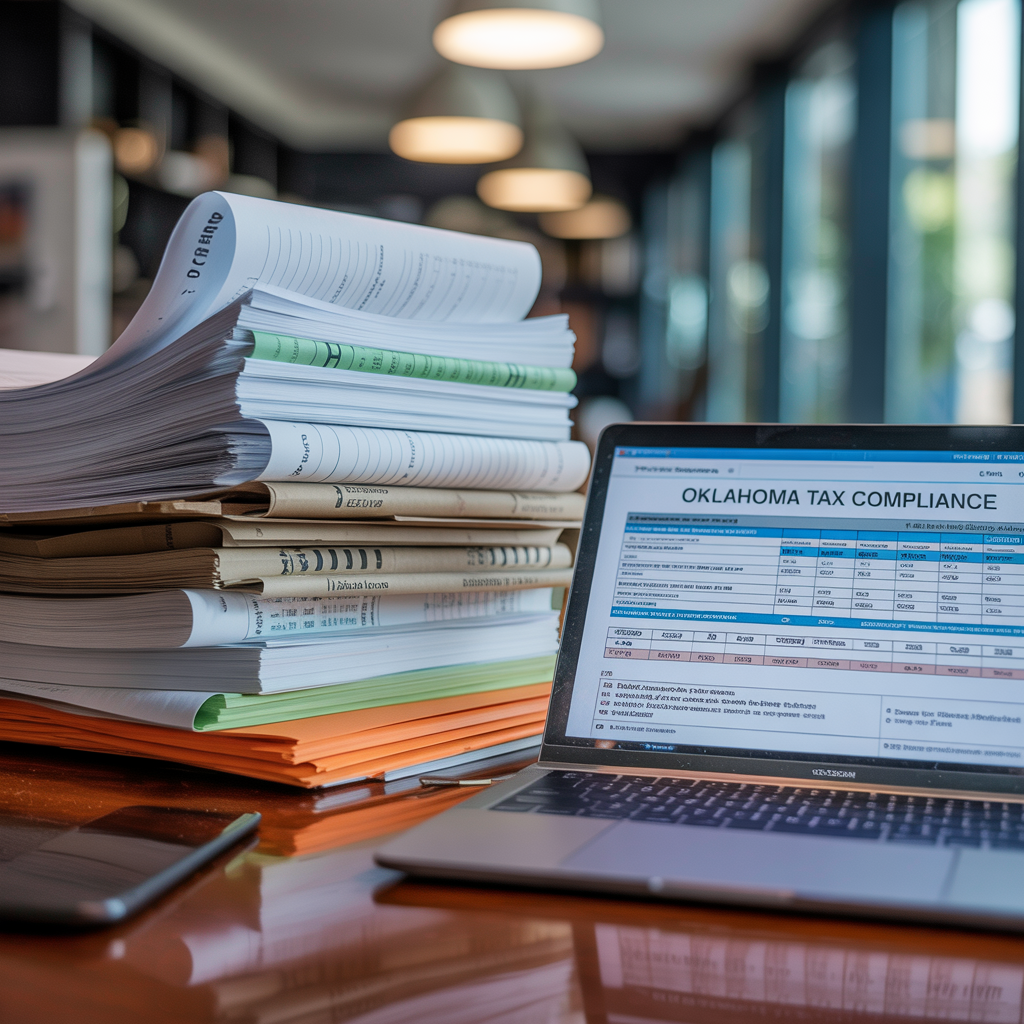 A stack of papers sits on a desk next to a laptop computer