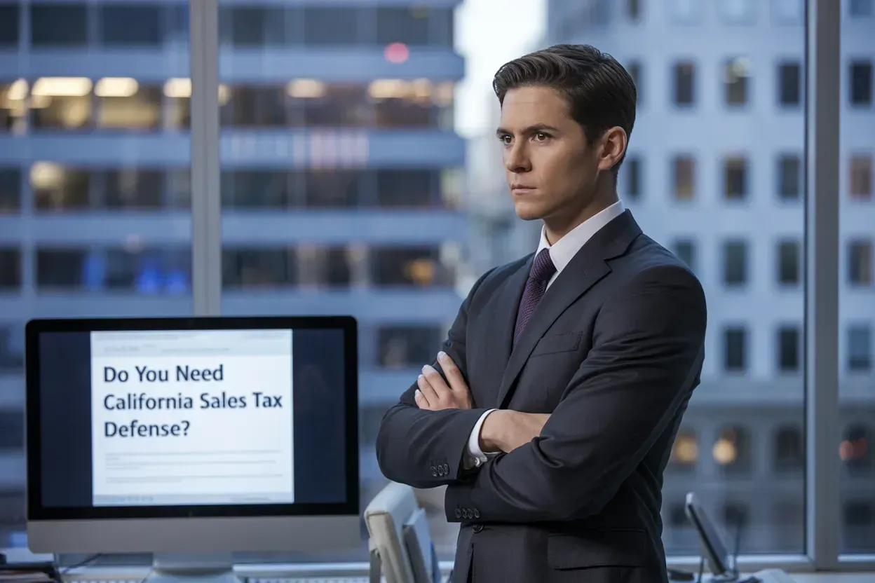 Man in a suit, arms crossed, looking serious near a computer screen displaying legal text. Office setting.