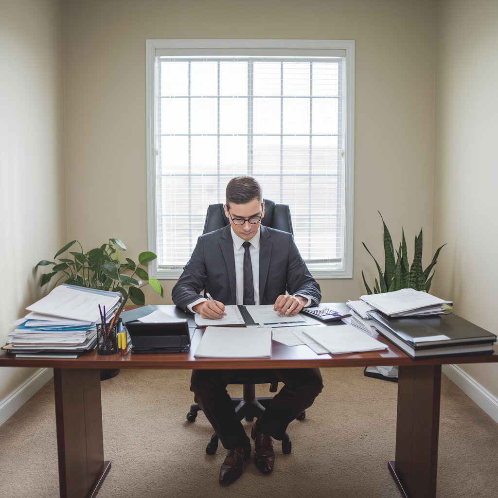 A man in a suit and tie is sitting at a desk in front of a window.