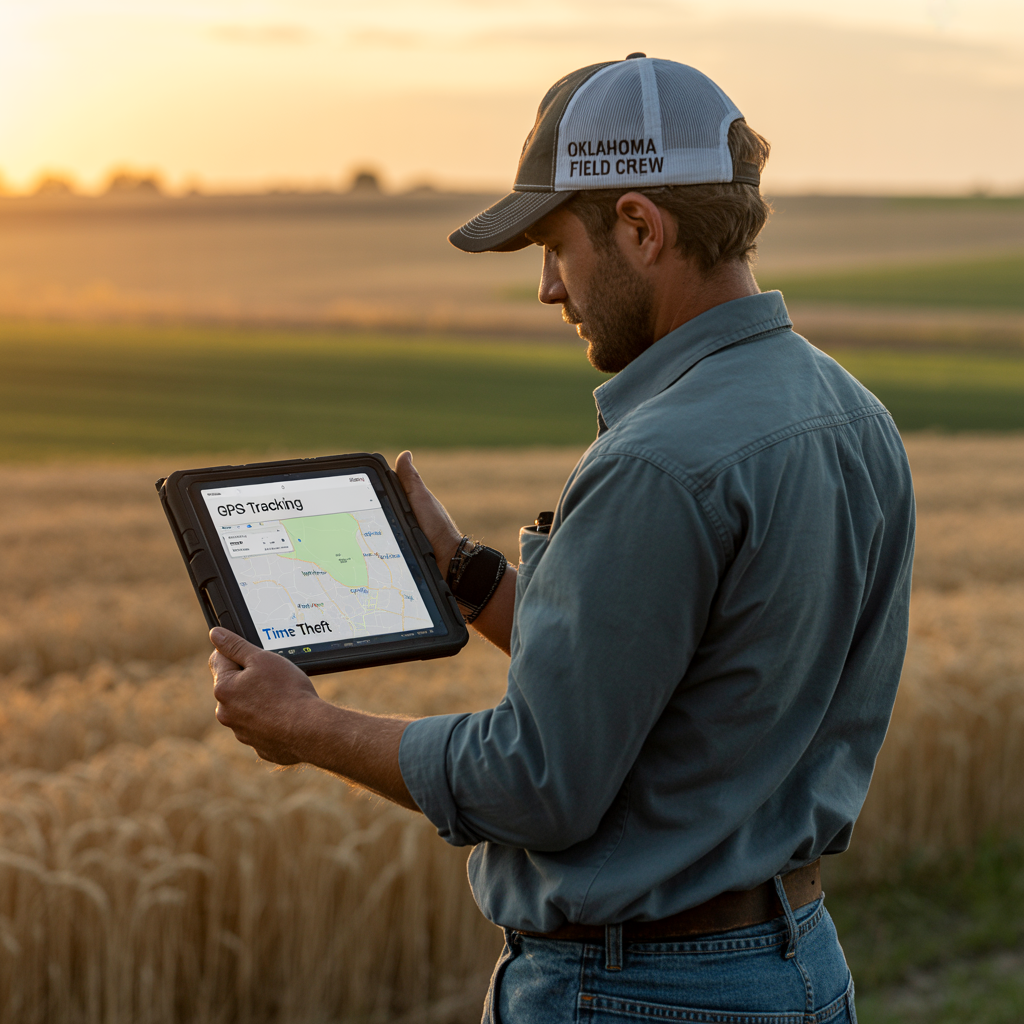 A man wearing a hat is looking at a tablet in a field.