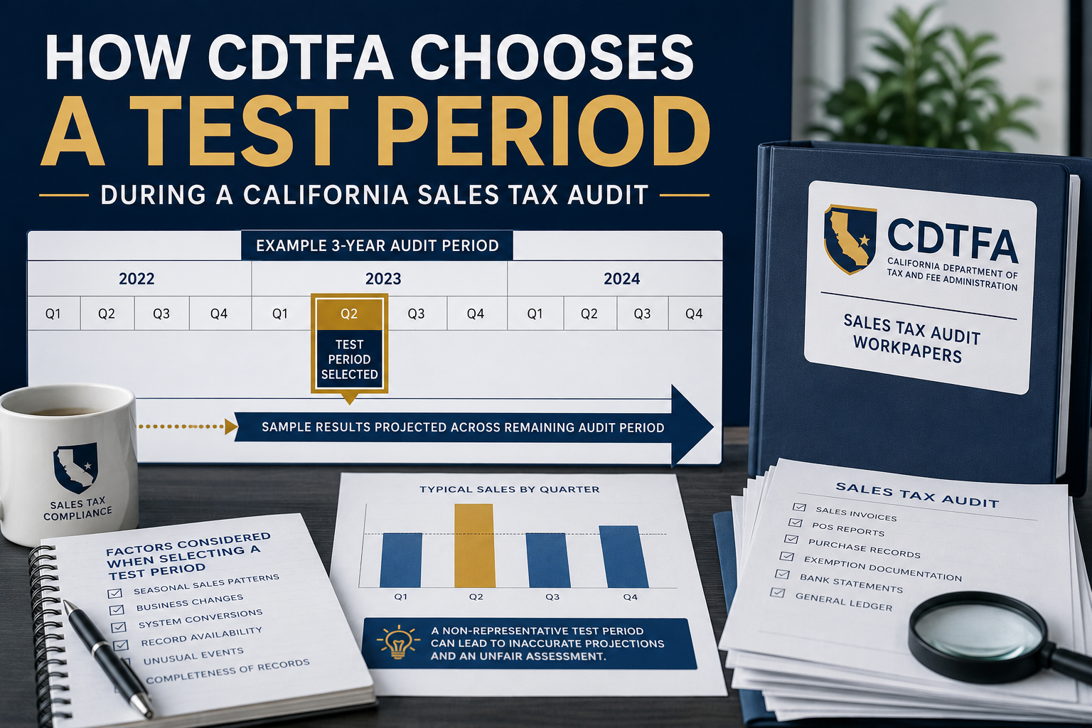 CDTFA graphic explaining a California sales tax audit test period with office papers and chart displays
