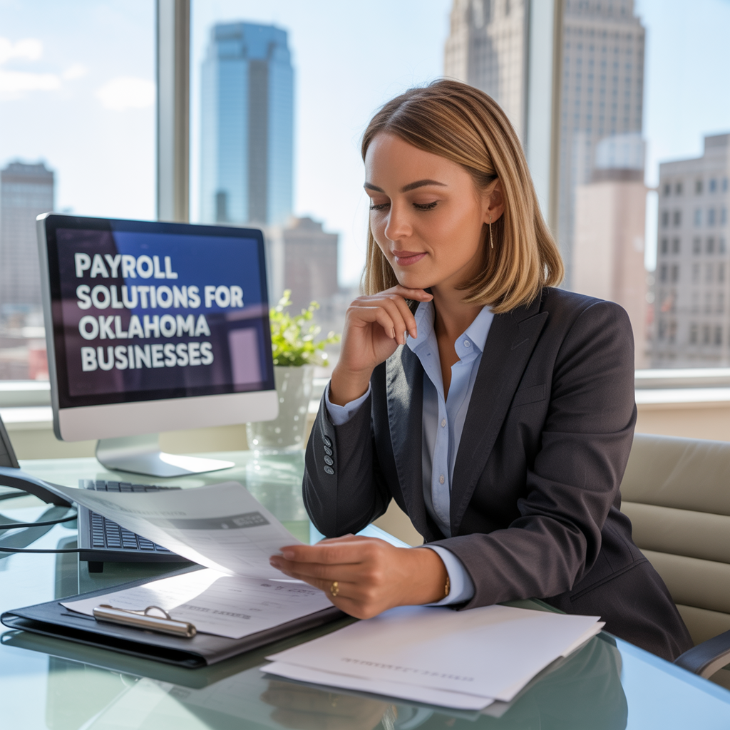 A woman is sitting at a desk in front of a computer that says payroll solutions for oklahoma businesses.