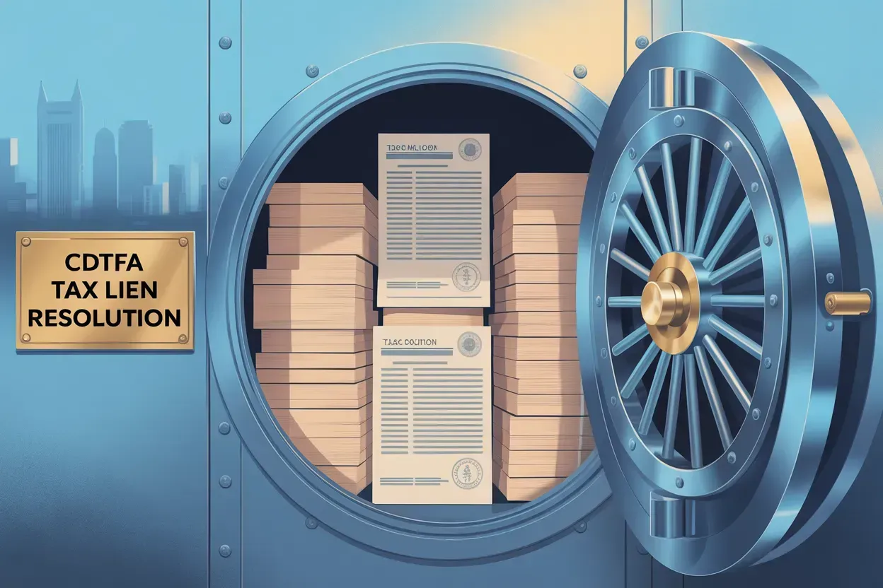 Open bank vault filled with stacks of documents labeled 