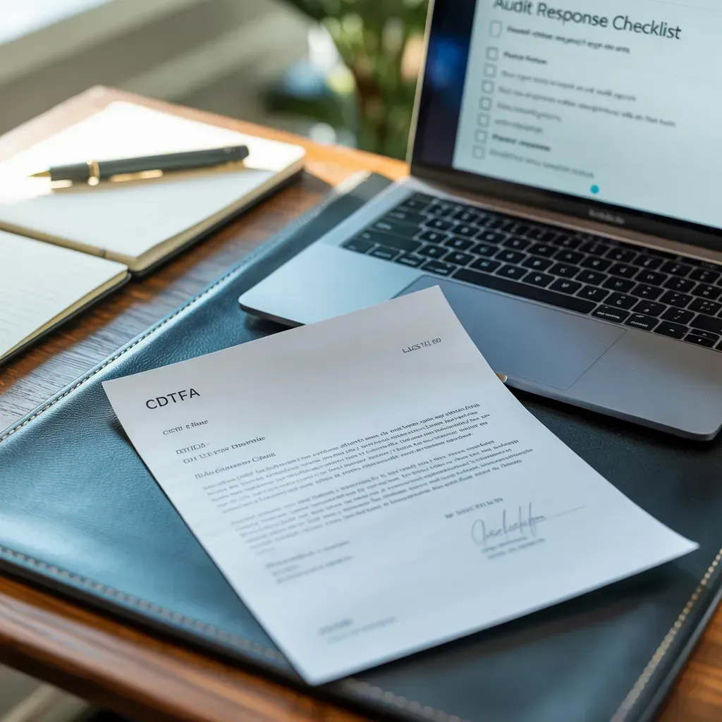 Letter and laptop on a desk. The letter is on top of a leather pad; laptop displays an audit response checklist.