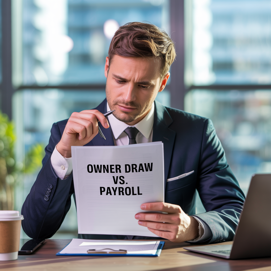 A man in a suit is sitting at a desk holding a piece of paper that says `` owner draw vs. payroll ''.