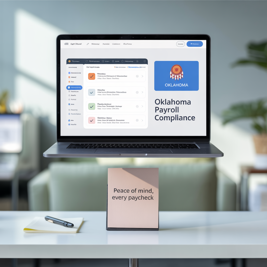 A laptop with oklahoma payroll compliance on the screen
