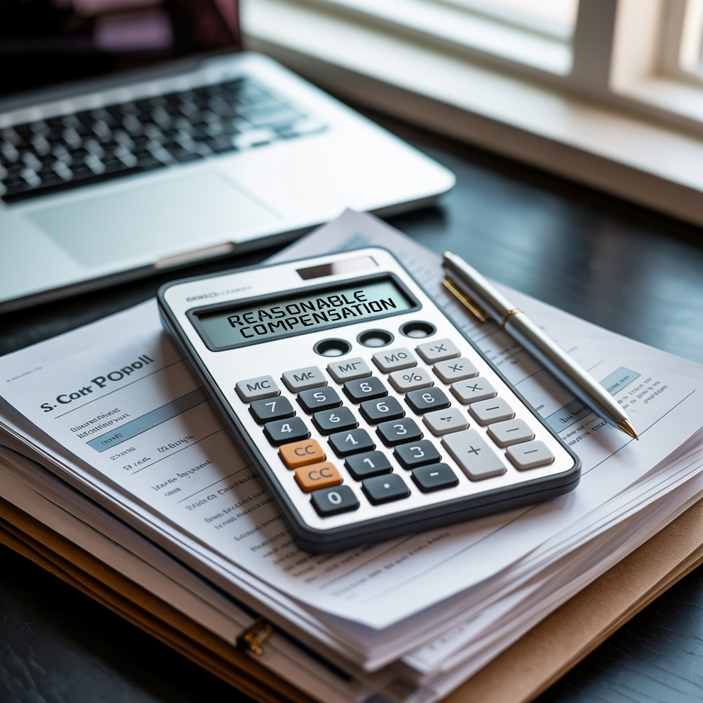 A calculator is sitting on top of a pile of papers next to a laptop.