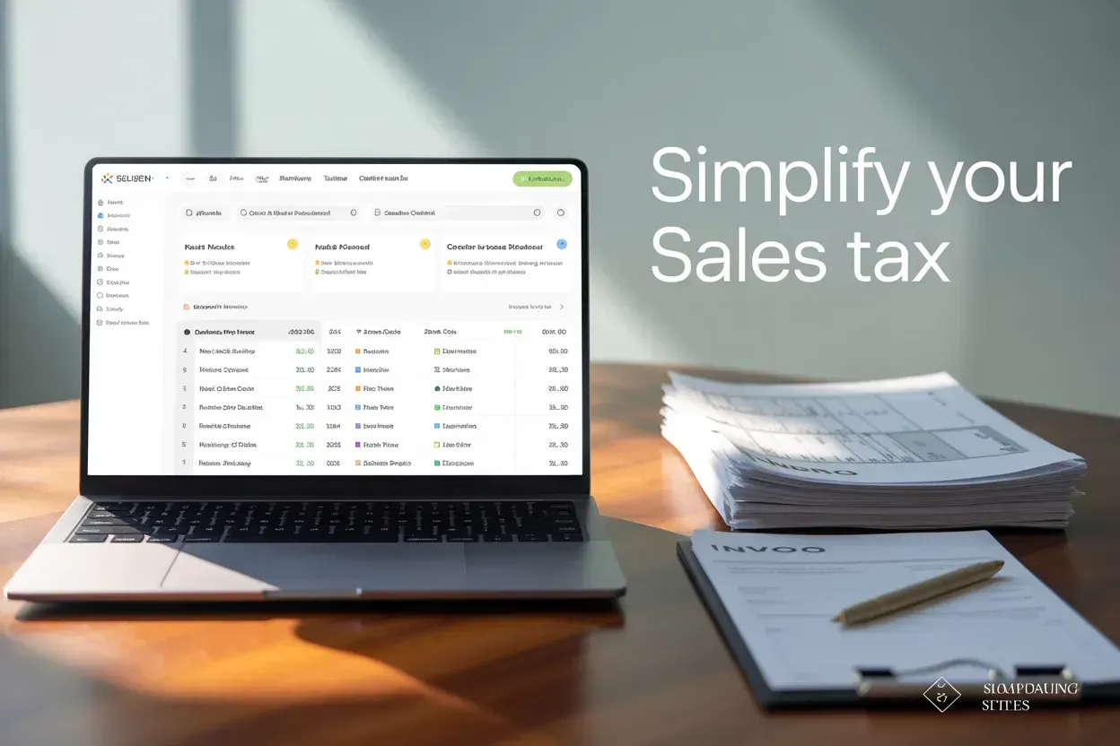 Laptop displaying sales tax data on a wooden table. Text 