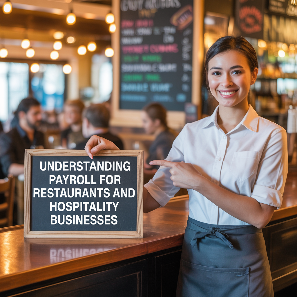 A waitress is holding a sign that says understanding payroll for restaurants and hospitality businesses.
