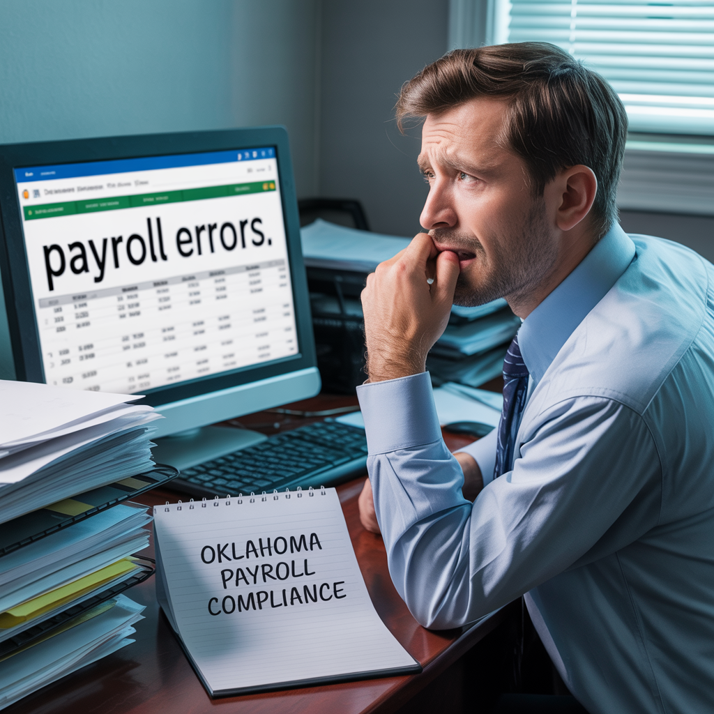 A man is sitting at a desk looking at a computer screen that says payroll errors.