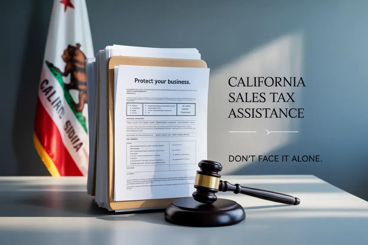 California sales tax assistance advertisement with documents, gavel, and California flag. 