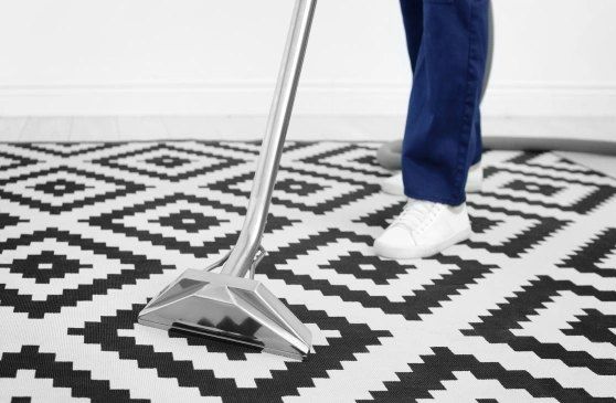 A Person Is Cleaning A Black And White Rug With A Vacuum Cleaner — Tailored Services in Mackay Harbour, QLD