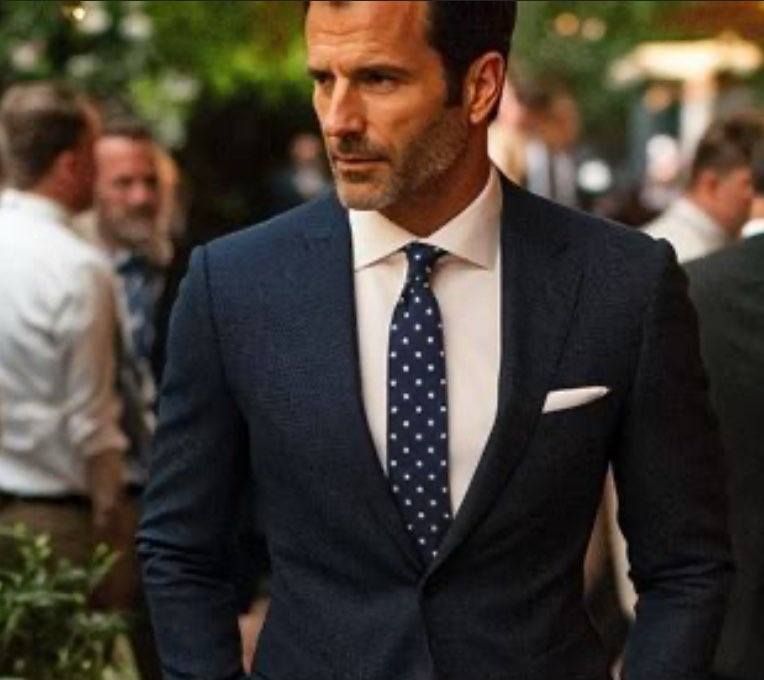 Man in a navy suit with a dotted tie walking outdoors at an event
