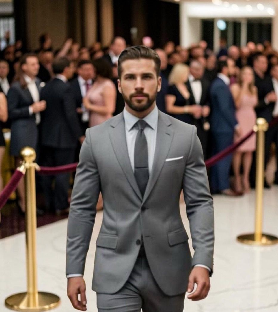 Man in a gray suit standing at a formal event with a crowd and velvet ropes in the background