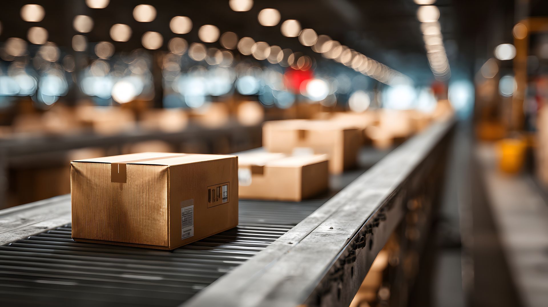 Cardboard moving box supplies on a warehouse conveyor belt for professional relocation services.