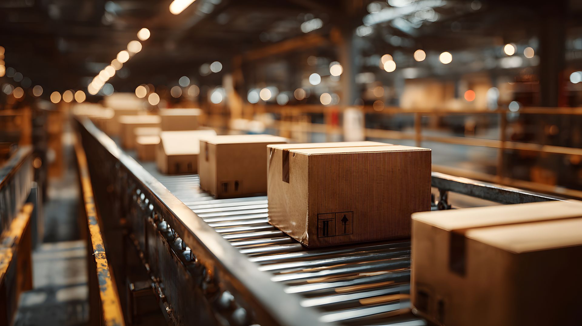 A row of cardboard moving boxes is supplied on a conveyor belt in a logistics distribution center.