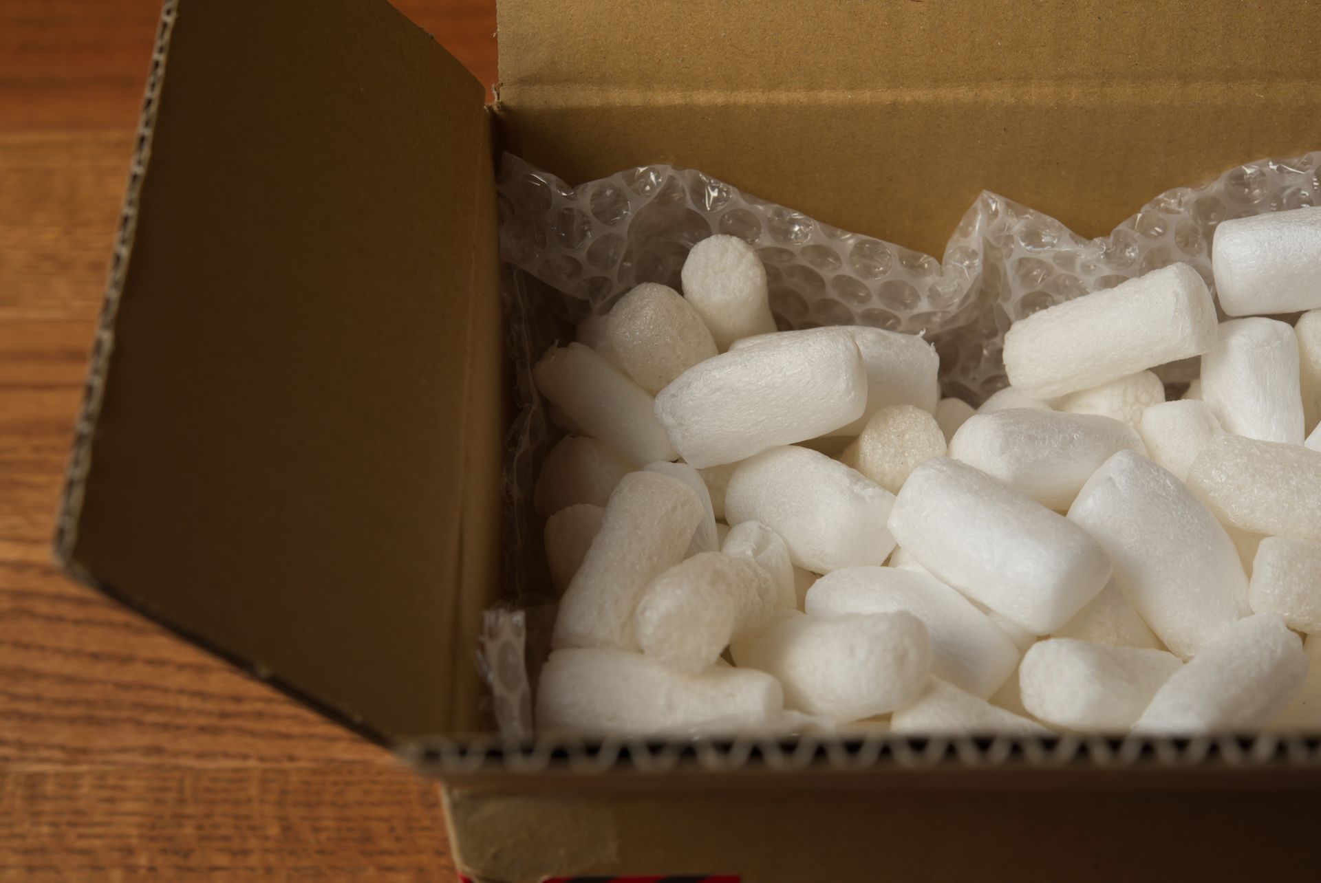 Packing peanuts in a box.