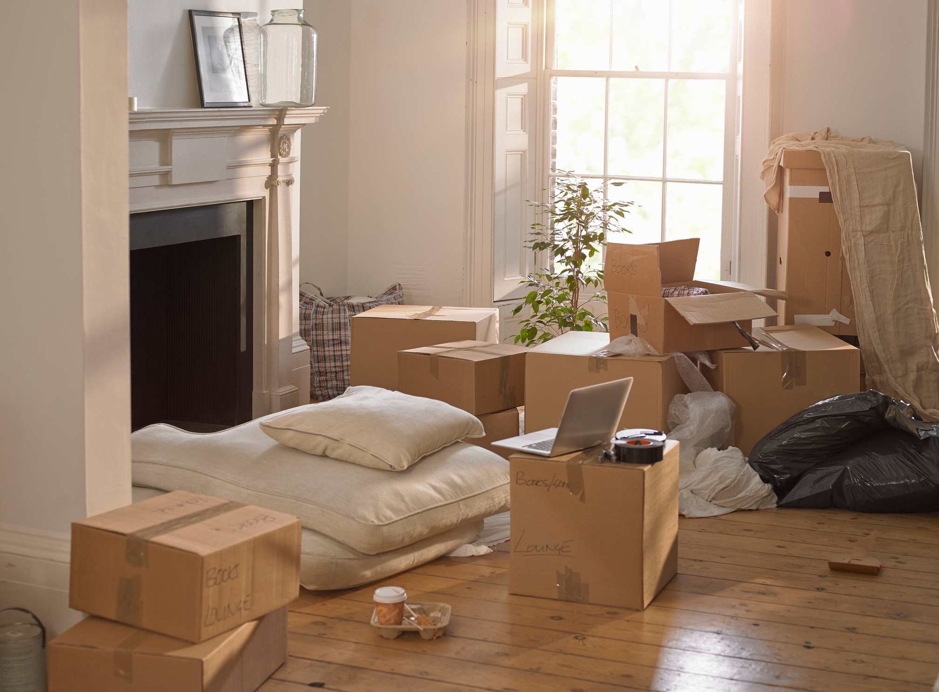 A room full of packing boxes and a laptop