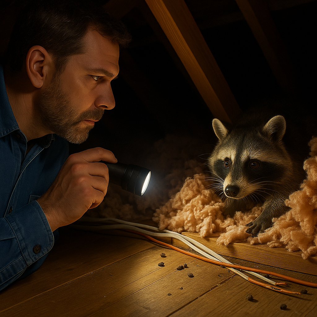 A man is looking at a raccoon in an attic with a flashlight.