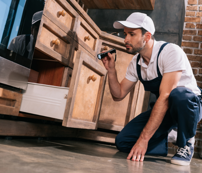 A man is kneeling down in a kitchen holding a flashlight.