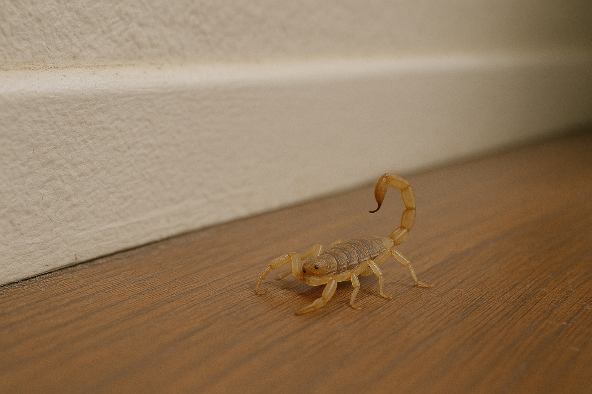 A small scorpion is crawling on a wooden floor next to a wall.