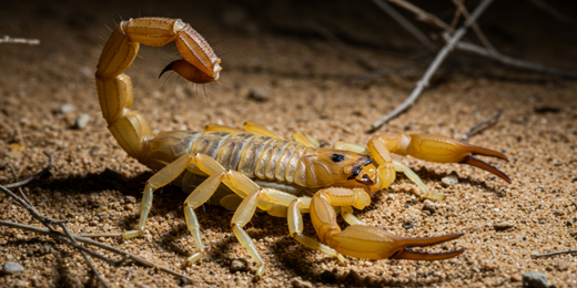 A scorpion is crawling on the ground in the desert.