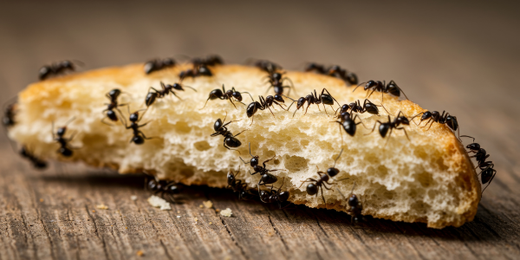 Ants are eating a piece of bread on a wooden table.