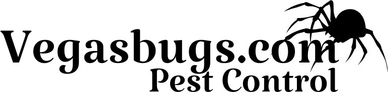 A logo for vegasbugs.com pest control with a spider on it.
