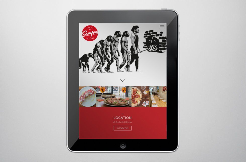 A tablet displaying the Sempre Calzone restaurant website.