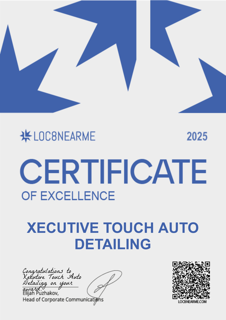 Certificate of Excellence for Executive Touch Auto Detailing with blue geometric accents and QR code