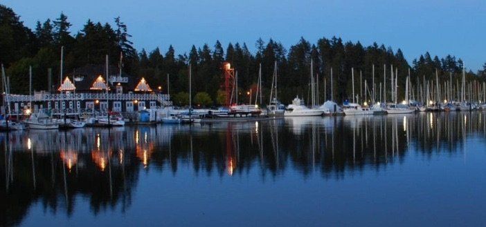 A row of boats are docked in a harbor at night