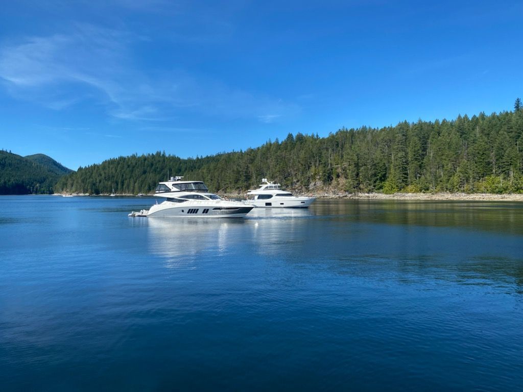Two boats are floating on a lake with trees in the background.