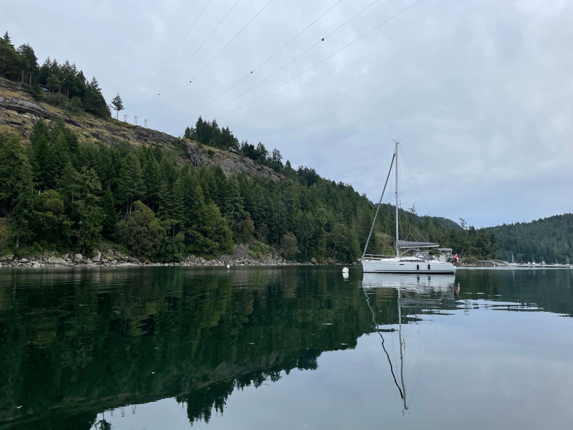 A sailboat is docked in the middle of a lake surrounded by trees.