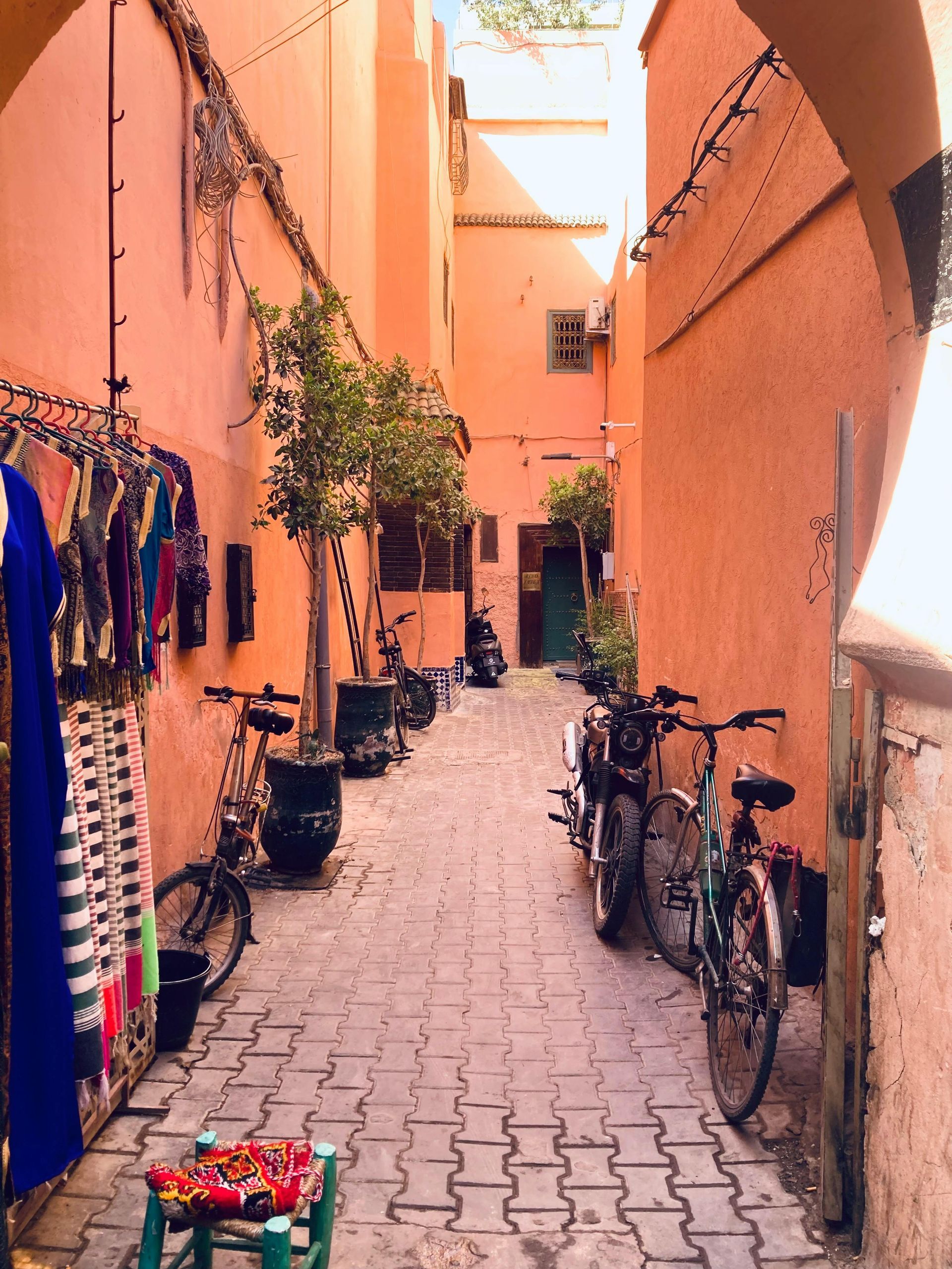 Narrow alleyway with pink walls, clothes rack, bicycles, and small trees in pots.