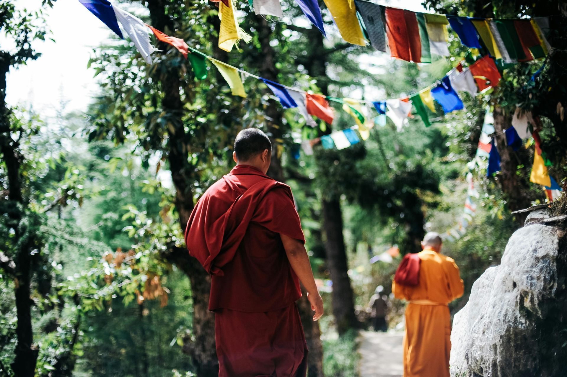 Two monks walk on a path, red and orange robes. Prayer flags hang overhead in a green setting.