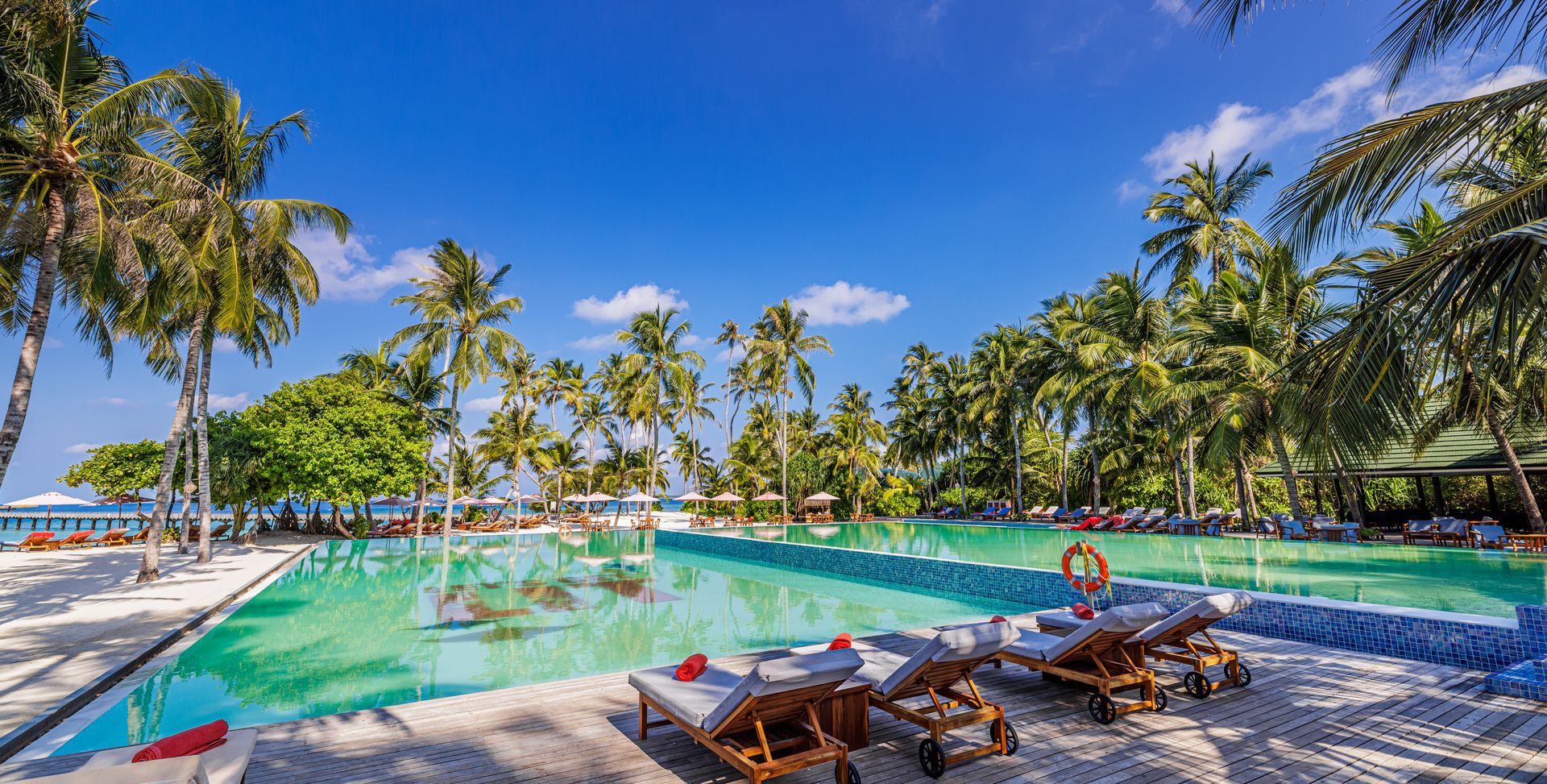 Poolside scene with a blue pool, white sand, palm trees, and lounge chairs under a bright blue sky.