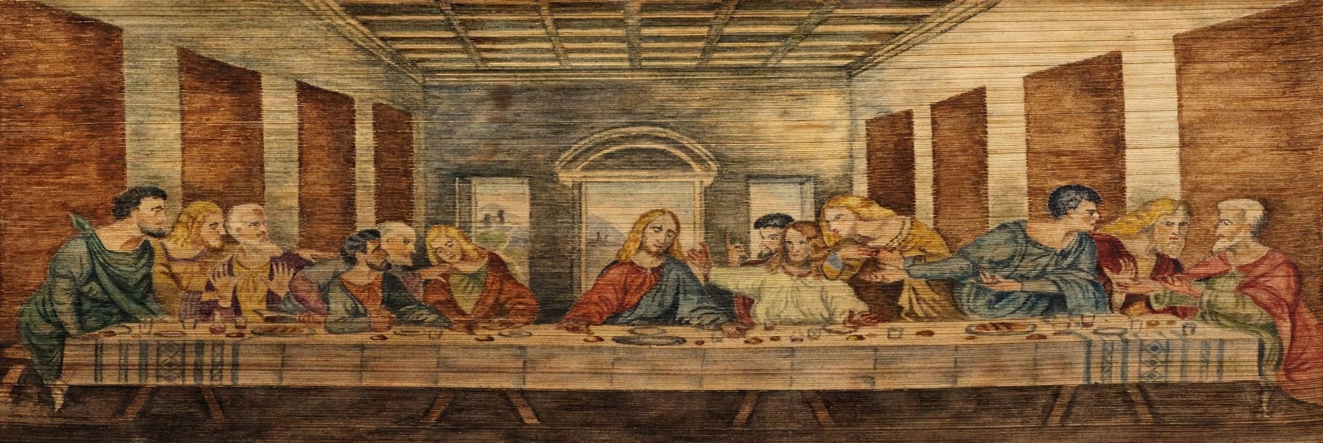 The Last Supper painting by Leonardo da Vinci. Jesus and disciples sit around a table in a dimly lit room.